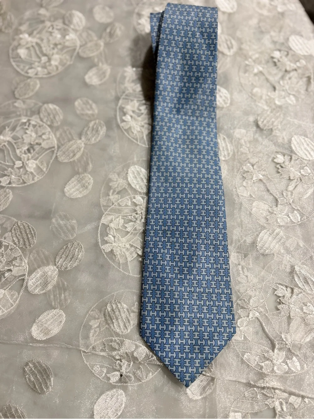 Hermes Light Blue Silk Tie with Geometric Interlocking Motif